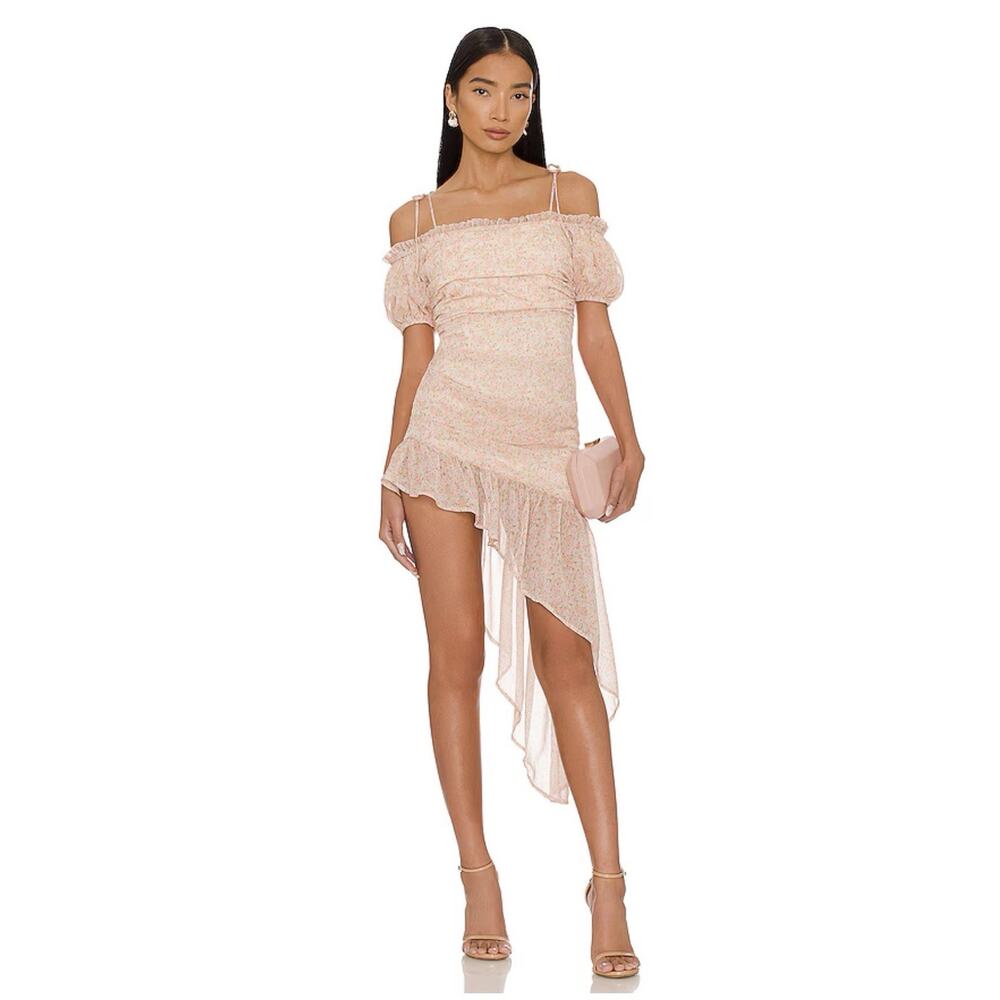 MAJORELLE Pink Off-Shoulder Asymmetrical Midi Dress